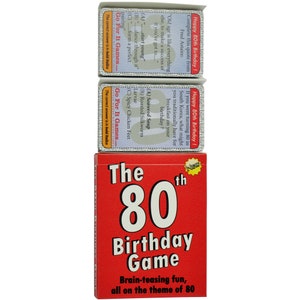 May include: A red box with the text "The 80th Birthday Game" and the words "Brain-teasing fun, all on the theme of 80". The box contains three cards with trivia questions about the number 80.