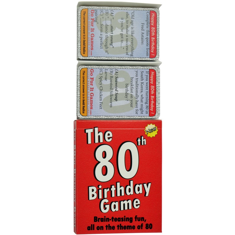 May include: A red box with the text "The 80th Birthday Game" and the words "Brain-teasing fun, all on the theme of 80". The box contains three cards with trivia questions about the number 80.