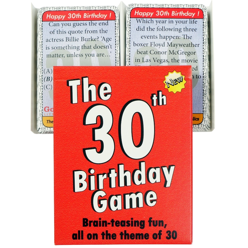 May include: A red box with the text "The 30th Birthday Game" in white. The box has a white border and the text "Brain-teasing fun, all on the theme of 30" in white.