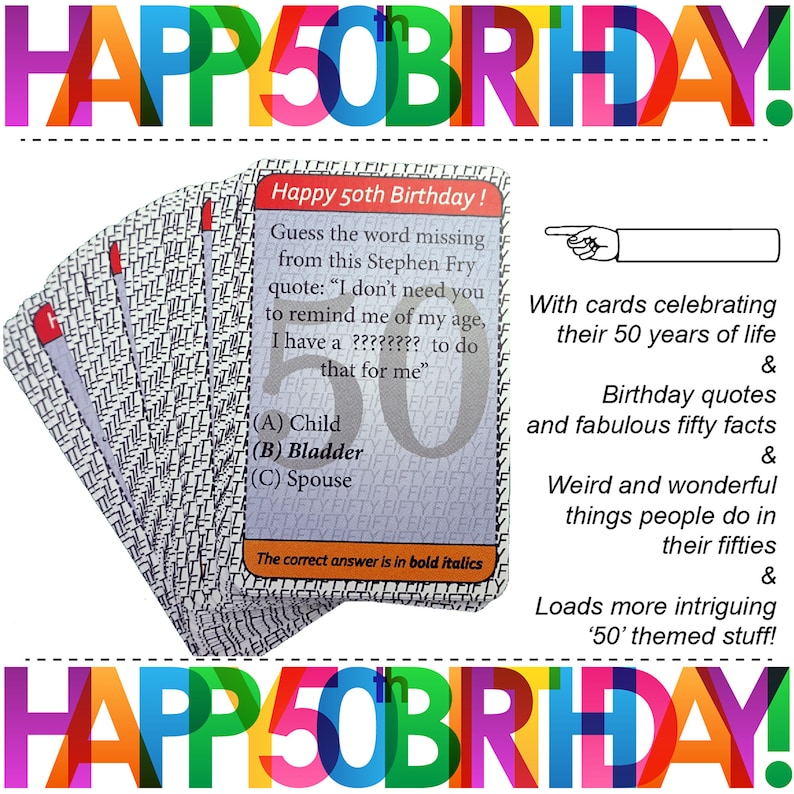 May include: A set of colorful cards with the text "Happy 50th Birthday!" on the front. The cards feature a trivia question about Stephen Fry and a multiple choice answer. The back of the cards feature birthday quotes, facts, and other fun things about turning 50.