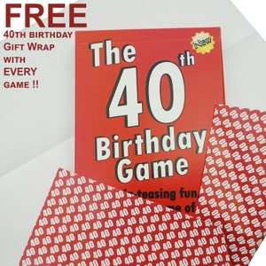 May include: A red box with the text "The 40th Birthday Game" in white. The box has a small yellow star with the word "New" on it. The box is surrounded by red wrapping paper with the number "40" printed in white.