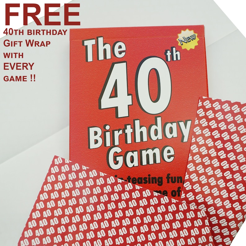 May include: A red box with the text "The 40th Birthday Game" in white. The box has a small yellow star with the word "New" on it. The box is surrounded by red wrapping paper with the number "40" printed in white.