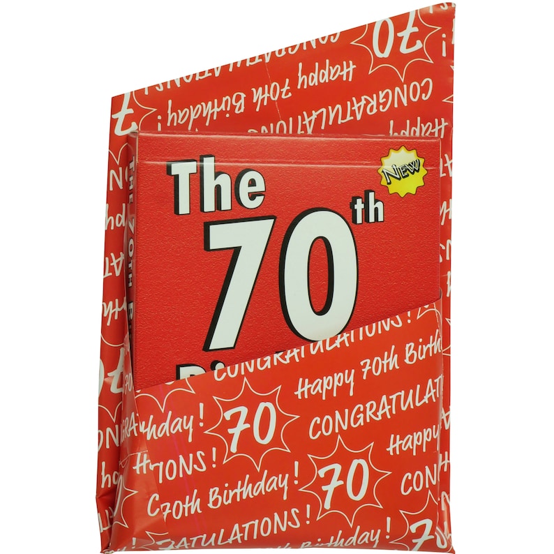 May include: Red and white birthday card with the text "The 70th" and a yellow star with the word "New". The card is folded in half and has a red and white pattern on the outside.