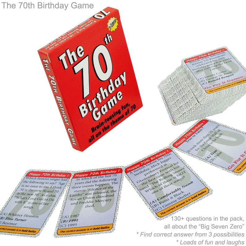 May include: A red box with the text "The 70th Birthday Game" and a large white number "70" on the front. The box is surrounded by several cards with questions about the 70th birthday. The cards have a red and white design with the text "Happy 70th Birthday!" on each card.