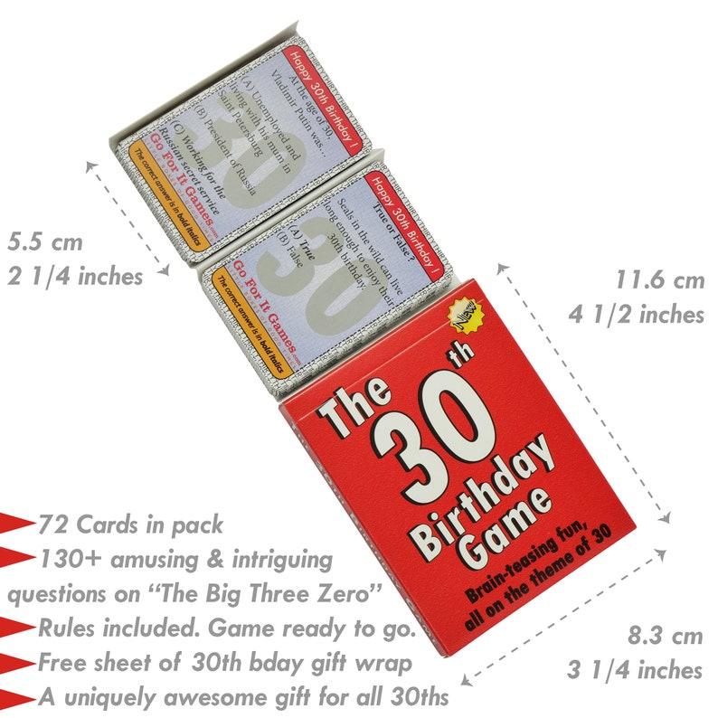 May include: A red box with the text "The 30th Birthday Game" and a large white number 30. The box contains 72 cards with 130+ amusing and intriguing questions on "The Big Three Zero". The box is 29.5 cm by 21.1 cm.