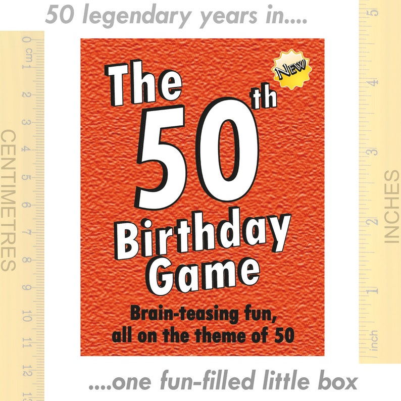 May include: A red box with the text "The 50th Birthday Game" in white. The box has a yellow star with the word "New" on it. The text "Brain-teasing fun, all on the theme of 50" is below the game title. The box is 5 inches tall.