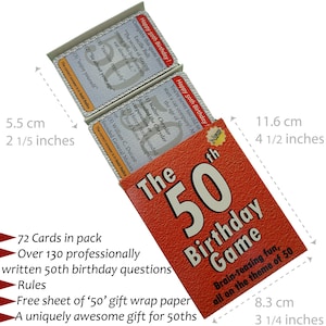 May include: A red box with the text "The 50th Birthday Game" on the front. The box contains 72 cards with over 130 questions about the year 1950. The box is 11.6 inches tall, 8.3 inches wide, and 5.5 inches deep.