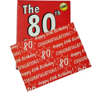 May include: A red card with the text "The 80th" and a large white number "80". The card is surrounded by a red and white pattern with the text "Happy 80th Birthday!" and "Congratulations!"