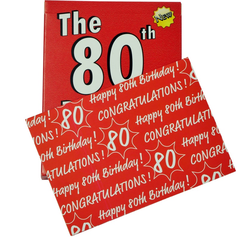 May include: A red card with the text "The 80th" and a large white number "80". The card is surrounded by a red and white pattern with the text "Happy 80th Birthday!" and "Congratulations!"