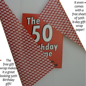 May include: Red and white birthday card with the text "The 50th Birthday" and a large number "50". The card comes with a free sheet of 50th birthday gift wrap paper.