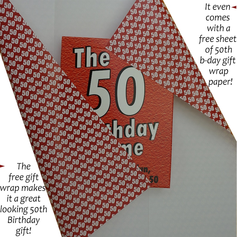 May include: Red and white birthday card with the text "The 50th Birthday" and a large number "50". The card comes with a free sheet of 50th birthday gift wrap paper.