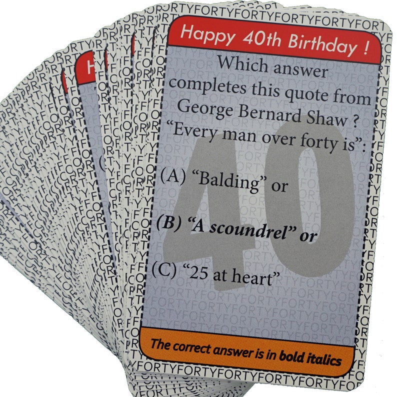 May include: A gray card with the text "Happy 40th Birthday!" and a trivia question: "Which answer completes this quote from George Bernard Shaw? "Every man over forty is:" (A) "Balding" or (B) "A scoundrel" or (C) "25 at heart". The correct answer is in bold italics.