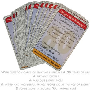 May include: A stack of question cards with a red and white design. The top card has the text "Happy 80th Birthday!" and a trivia question about the movie "Alien". The card also includes the answer choices: Steven Spielberg, Ridley Scott, and Christopher Nolan. The text "The correct answer is in bold italics" is printed at the bottom of the card.