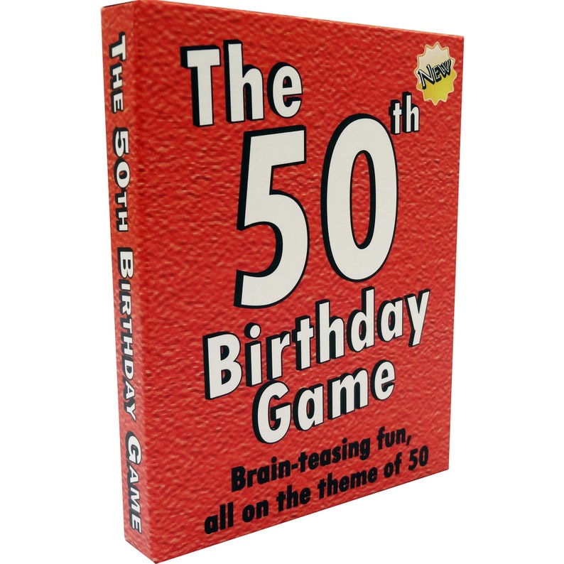 May include: A red box with the text "The 50th Birthday Game" in white. The box has a yellow star with the word "New" on it. The text "Brain-teasing fun, all on the theme of 50" is printed in black at the bottom of the box.