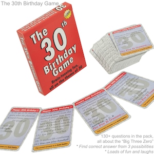 May include: A red box with the text "The 30th Birthday Game" and a large number "30" on the front. The box contains a deck of cards with trivia questions about the number 30. The cards are white with blue text and have a "Go For It Games" logo.