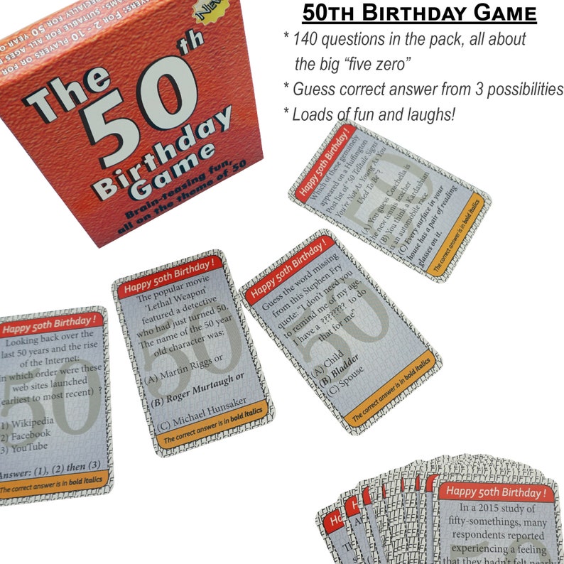 May include: A 50th birthday game with a red box and several cards. The cards have a white background with black text and a gray pattern. The text on the cards includes "Happy 50th Birthday!" and questions about the 50th birthday. The box has the text "The 50th Birthday Game" on it.