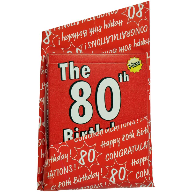 May include: Red and white birthday card with the text "The 80th Birthday" and a red background with white text that says "Congratulations! Happy 80th Birthday!"