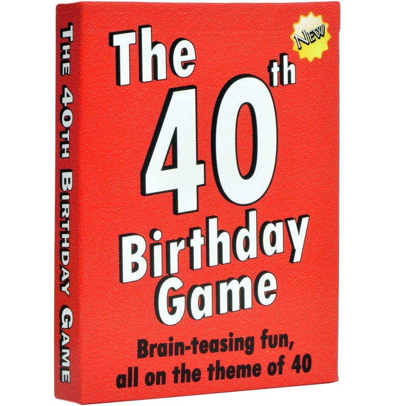 May include: A red box with the text "The 40th Birthday Game" in white and black lettering. The box has a yellow star with the word "NEW" on it. The text on the box says "Brain-teasing fun, all on the theme of 40."