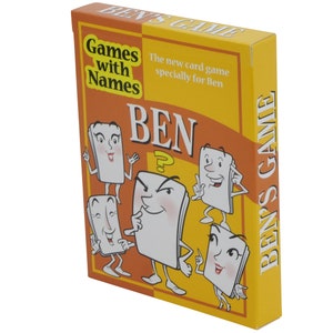 May include: A yellow and orange box with the text "BEN'S GAME" on the side. The front of the box has the text "Games with Names" and "BEN" in large letters. There are five cartoon faces on the front of the box.