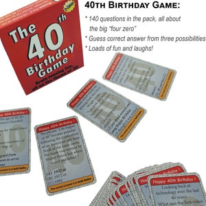May include: A red and white box with the text "The 40th Birthday Game" on the front. The box contains 140 trivia cards with questions about the 1940s. The cards are blue and white with the text "Happy 40th Birthday!" on the front.