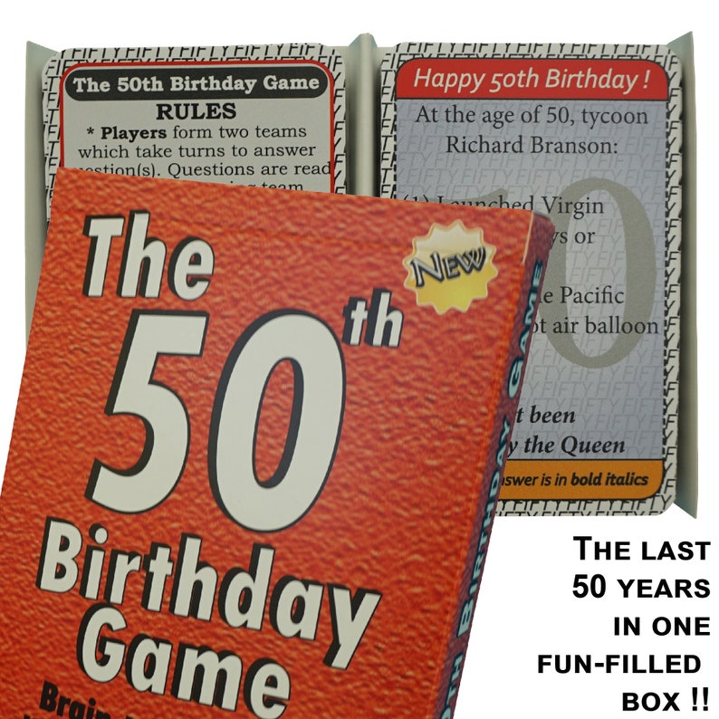 May include: The 50th Birthday Game box features a red and white design with the number 50 in large white font. The box is open to reveal a card with the text "Happy 50th Birthday!" and a card with the text "At the age of 50, tycoon Richard Branson: Launched Virgin..."