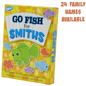 GO FISH GAMES with family names. Huge family fun. A great Christmas gift for families, perfect as a secret Santa, stocking stuffer & similar