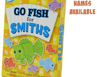 GO FISH GAMES with family names. Huge family fun. A great Christmas gift for families, perfect as a secret Santa, stocking stuffer & similar