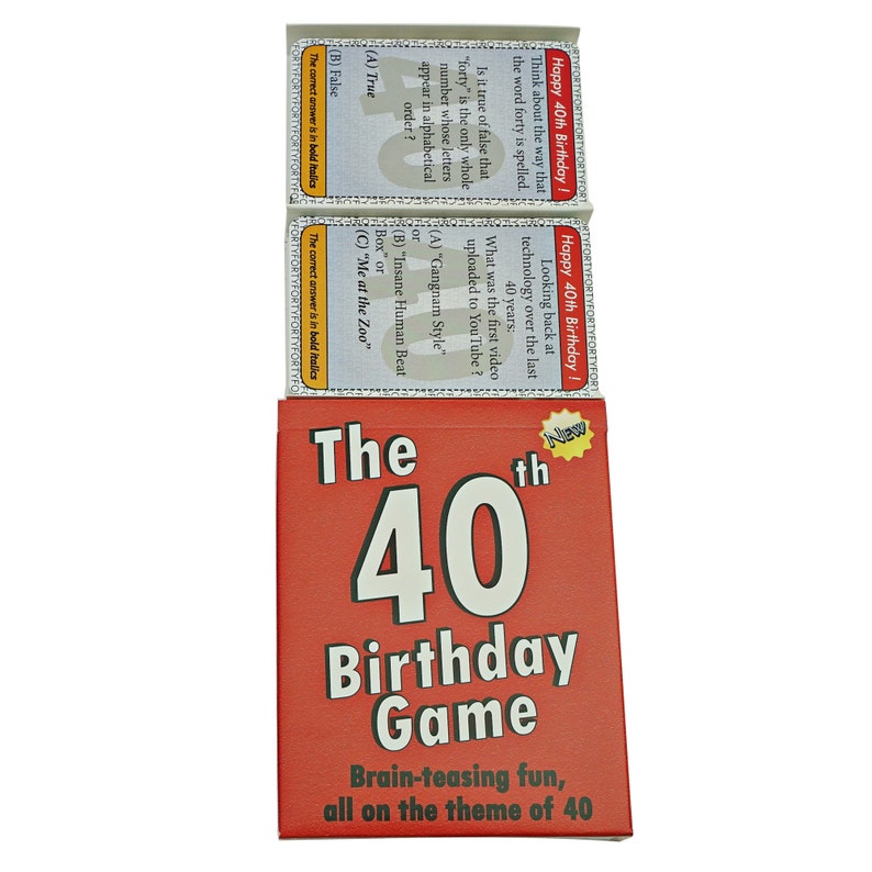 May include: A red box with the text "The 40th Birthday Game" and the tagline "Brain-teasing fun, all on the theme of 40". The box contains cards with trivia questions about the number 40.