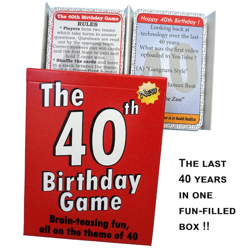 May include: A red box with the text "The 40th Birthday Game" in white. The box has a smaller box inside with a card that says "Happy 40th Birthday!" and has a question about technology. The game is brain-teasing fun, all on the theme of 40.