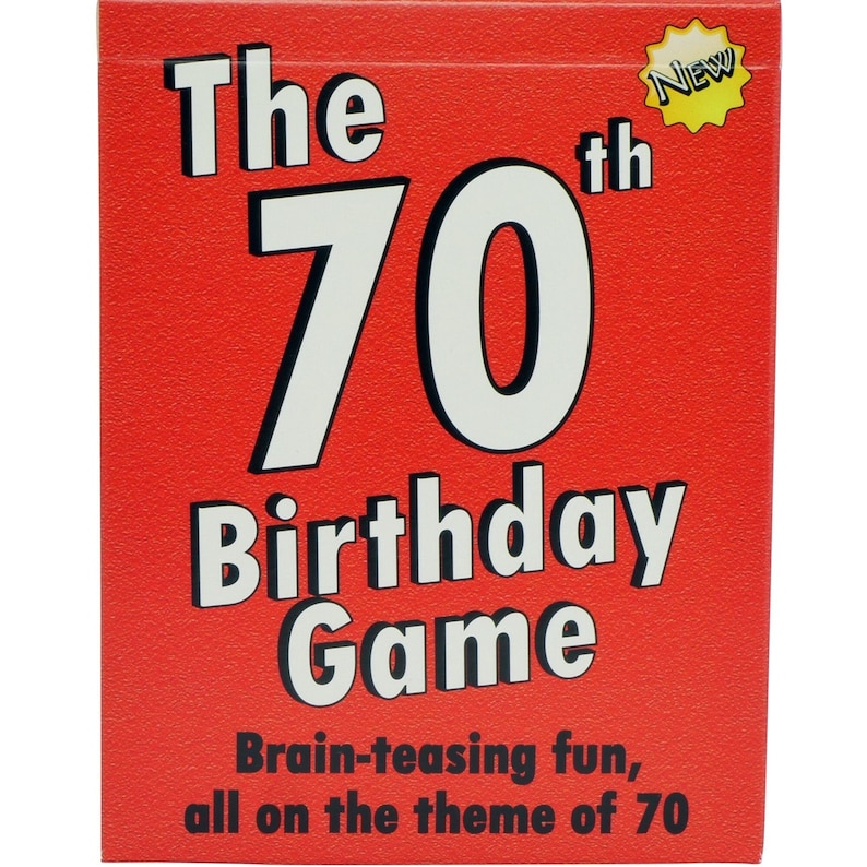 May include: A red box with the text "The 70th Birthday Game" in white. The box has a yellow star with the word "NEW" on it. The text below the game title reads "Brain-teasing fun, all on the theme of 70."