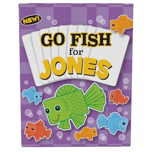 May include: A purple and white Go Fish card game box with the text "GO FISH for JONES". The box features cartoon fish in orange, blue, and green, and the word "NEW!" in a yellow oval.