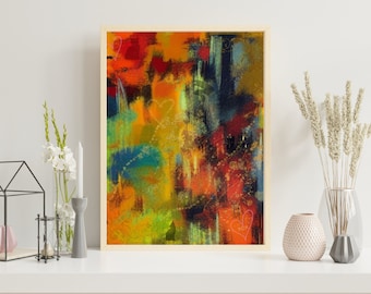 May include: Abstract painting with a colorful, textured, and layered design. The painting features a mix of warm and cool colors, including red, orange, yellow, green, blue, and black. The painting is framed in a light wood frame.