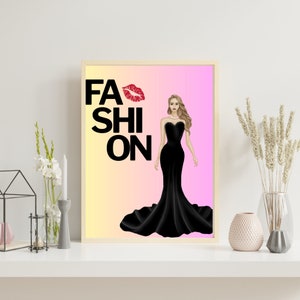 Evening gown girly wall art, Fashion wall art watercolor print and boss babe bedroom posters