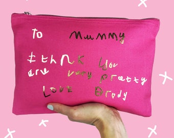 Pretty Mummy Make Up Bag - Childrens Handwriting Gift - Personalised Pink Wash Bag - Kids Artwork Mothers Day gift