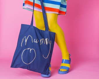 Organic Childrens Drawing Tote Bag - Mummy Personalised Bag - Navy Rose Gold Tote Bag - Kids Artwork Gift - Mothers Day Gift - Handwriting