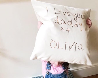 Organic Kids Handwriting Cushion - Copper Print - Childrens Drawing - Fathers Day Gift - I Love Daddy Cushion