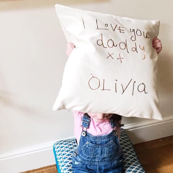 Organic Kids Handwriting Cushion - Copper Print - Childrens Drawing - Fathers Day Gift - I Love Daddy Cushion