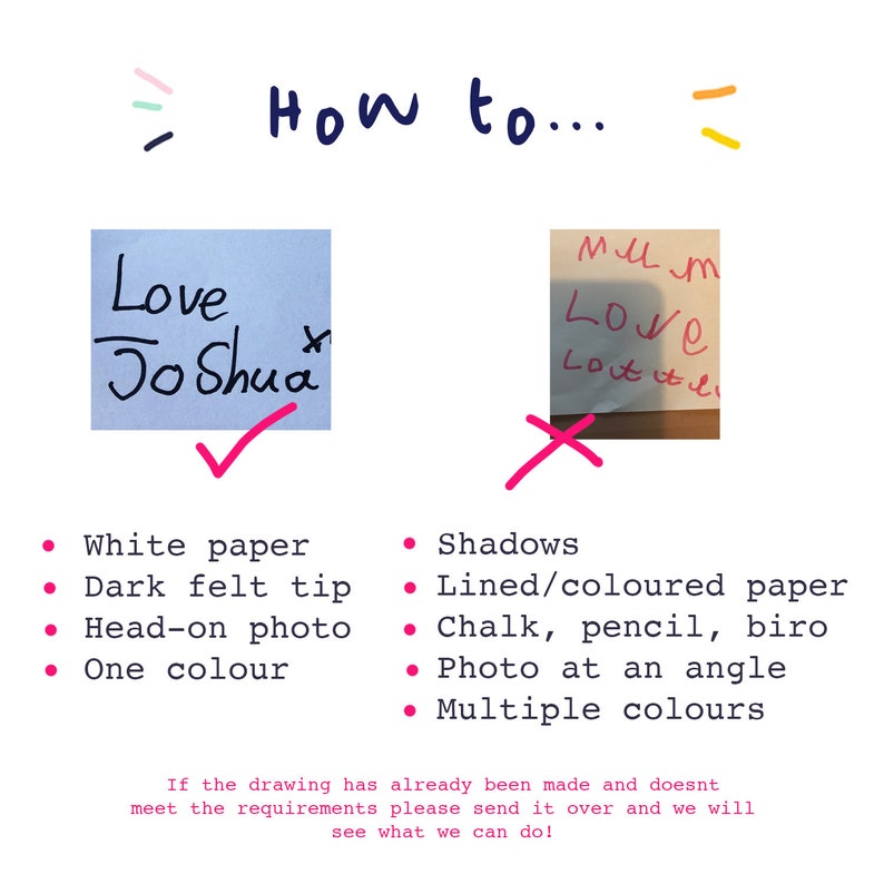 May include: Two images showing how to write a name on a piece of paper. The first image shows a name written in black ink on a blue sticky note with a checkmark next to it. The second image shows a name written in multiple colors on a white piece of paper with a red X next to it. The text below the images lists the requirements for each image.