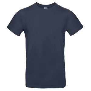 May include: A plain navy blue t-shirt with short sleeves and a crew neck.