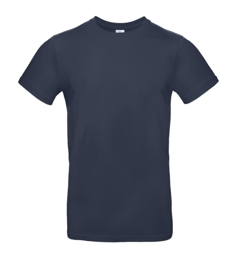 May include: A plain navy blue t-shirt with short sleeves and a crew neck.