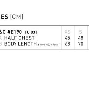 May include: Size chart for a t-shirt in centimeters. The chart shows the measurements for half chest and body length in centimeters for sizes XS to 5XL.