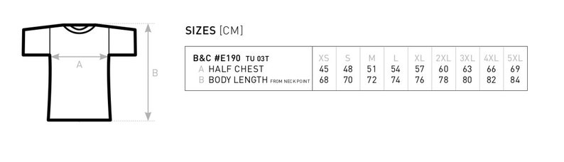 May include: Size chart for a t-shirt in centimeters. The chart shows the measurements for half chest and body length in centimeters for sizes XS to 5XL.