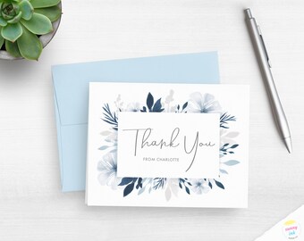 Custom Thank You Notes - Blue Floral Thank You Cards - Personalized Appreciation Cards - Watercolor Flowers