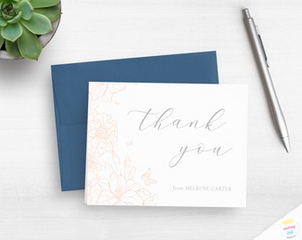 Pretty Thank You Note Cards - Personalized Floral Butterfly Thank You Cards - Custom Appreciation Cards - Silhouette Flowers