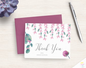 Personalized Thank You Note - Floral Watercolor Paper Set - Customized Thank You Cards - Rose Blossom Appreciation Card - Personal Thank You