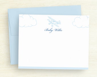 Vintage Baby Shower Thank You Cards - Nostalgic Biplane Baby Stationery - Airplane Baby Flat Note Cards - Boy Baby Shower Gift #208