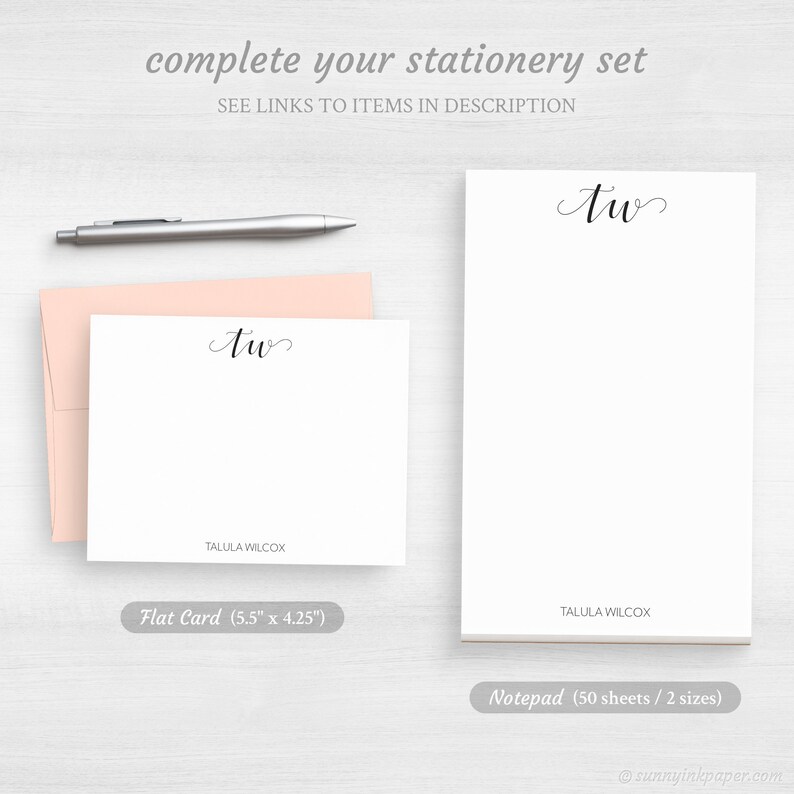 May include: A stationery set with a flat card and notepad. The card is 5.5 inches by 4.25 inches and features the initials "tw" in cursive script. The notepad has 50 sheets and comes in two sizes. Both items feature the name "Talula Wilcox" printed in gray text.