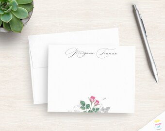 Floral Note Card Set Personalized - Custom Flower Flat Note Cards - Pink Rose Flower Stationery Cards