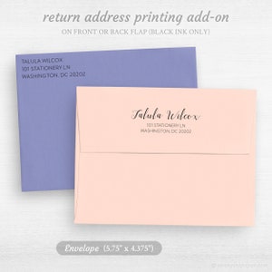 May include: A light pink envelope with a return address printed in black ink. The address reads "Talula Wilcox, 101 Stationery Ln, Washington, DC 20202". The envelope is 5.75 inches by 4.375 inches.