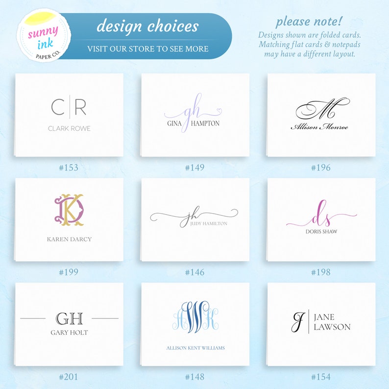 May include: A collection of 10 different monogram designs for folded cards. The designs feature various fonts, styles, and colors, including black, white, gold, purple, blue, and pink. The designs are numbered 146, 148, 149, 153, 154, 196, 198, 199, 201, and 202.